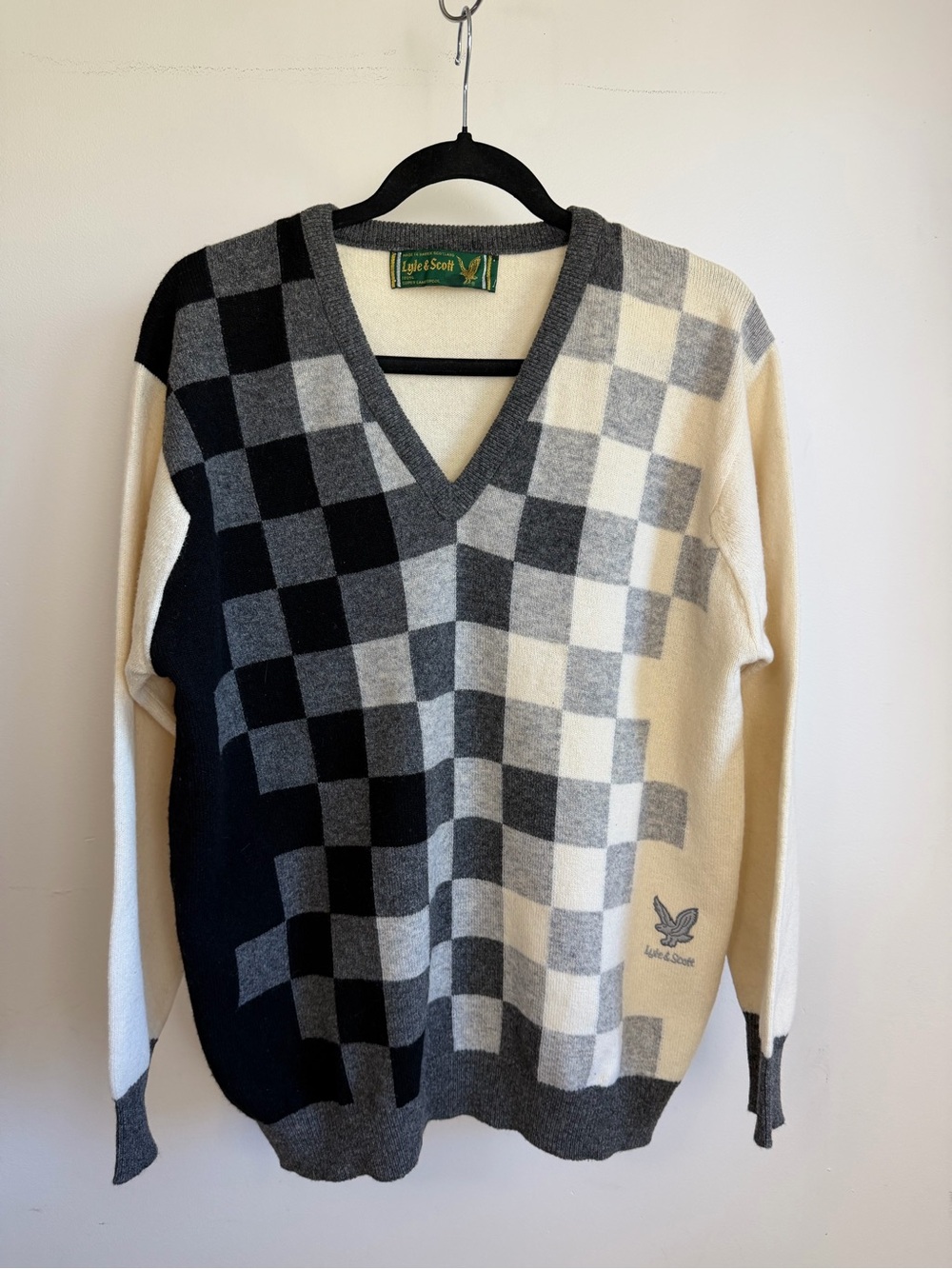 Lyle & Scott Men’s V-Neck Checkerboard Sweater in Black, Gray & Cream